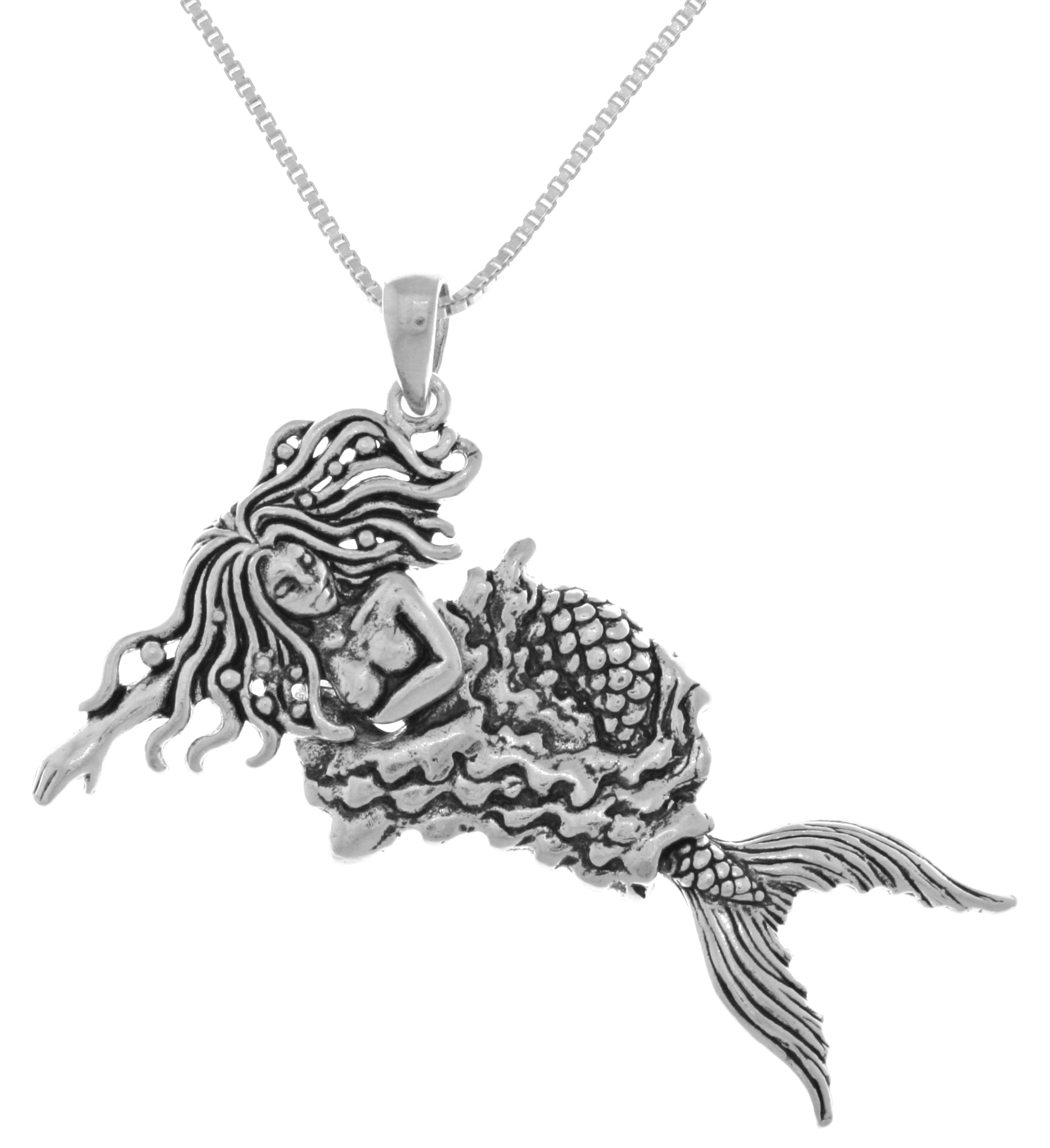 Jewelry Trends Sterling Silver Moveable Swimming Mermaid Pendant on 18 Inch Box Chain Necklace