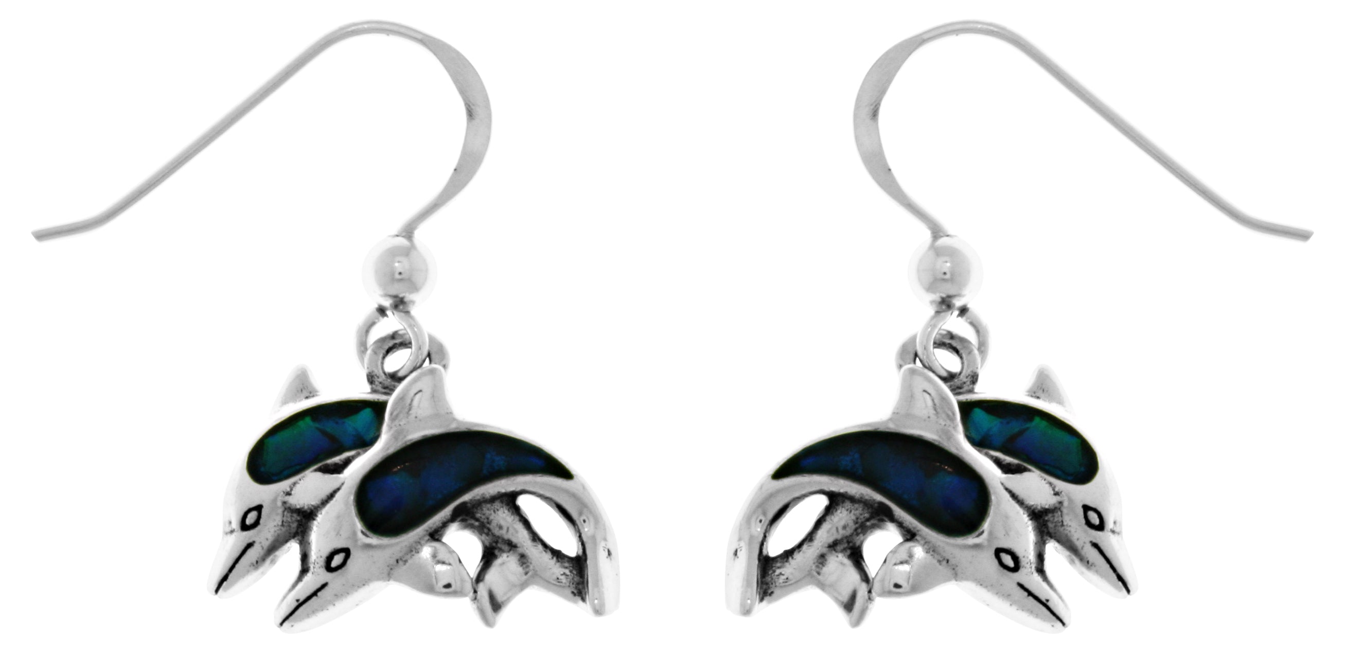 Jewelry Trends Sterling Silver Twin Dolphin Love Dangle Earrings with Paua Shell Accents