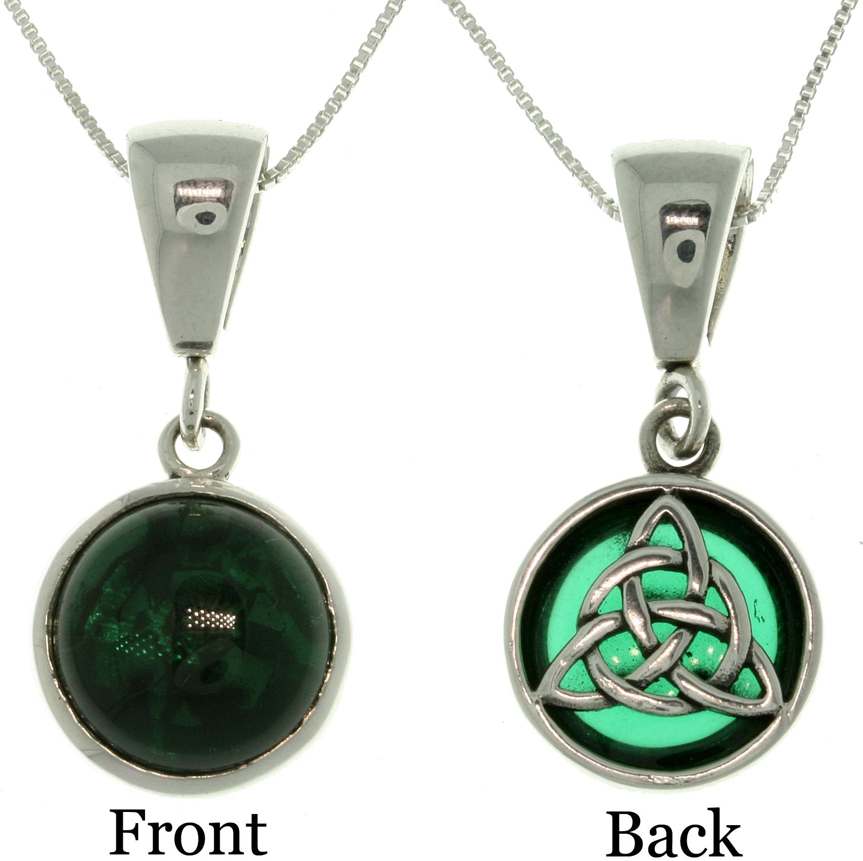 Jewelry Trends Sterling Silver Celtic Knot Green Glass Reversible Pendant with 18 Inch Box Chain Necklace
