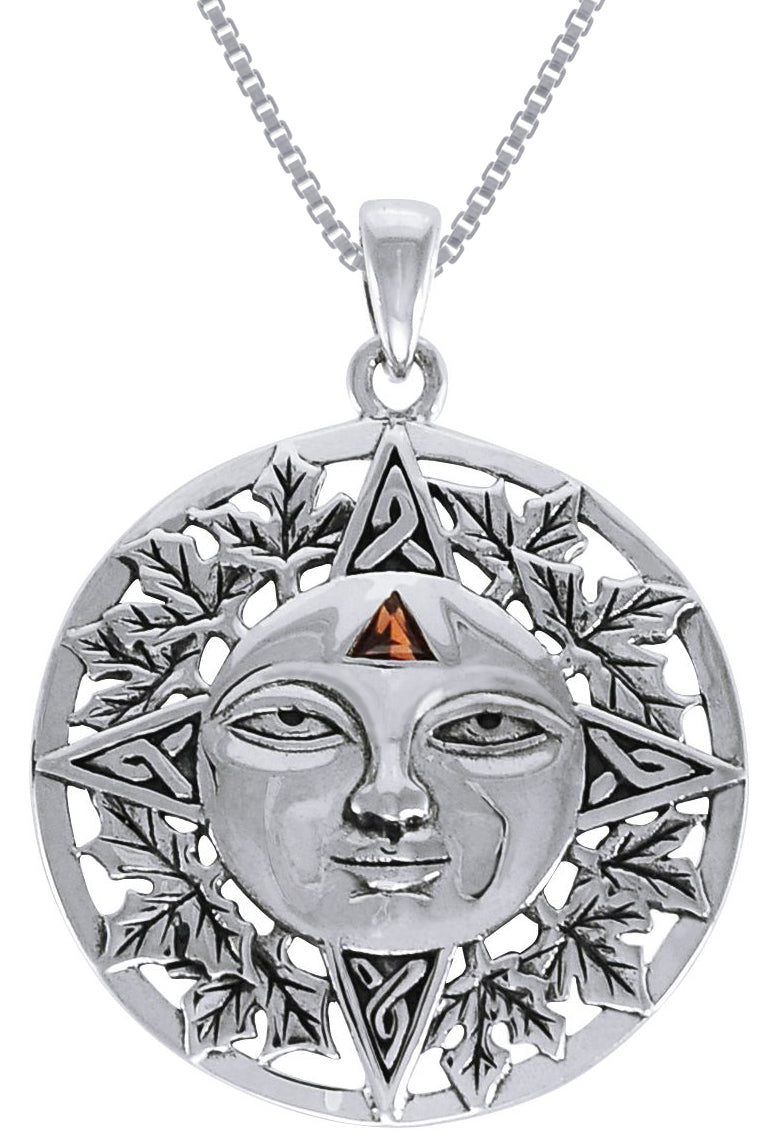 Jewelry Trends Sterling Silver Autumn Sun Face Celtic Mediallion Pendant with Garnet on 18 Inch Box Chain Necklace