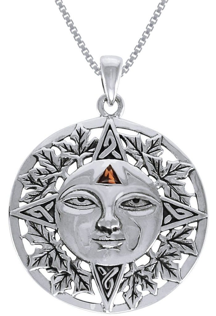 Jewelry Trends Sterling Silver Autumn Sun Face Celtic Mediallion Pendant with Garnet on 18 Inch Box Chain Necklace