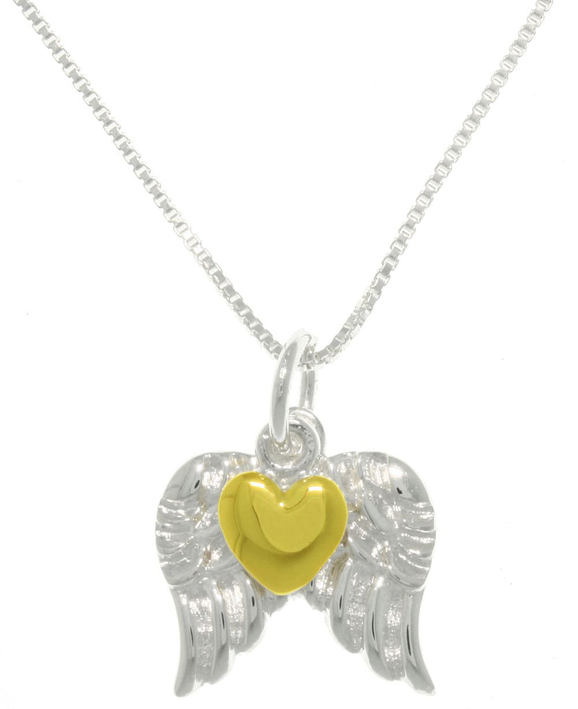 Jewelry Trends Sterling Silver Angel Wings Pendant with Gold-plated Heart on Box Chain Necklace