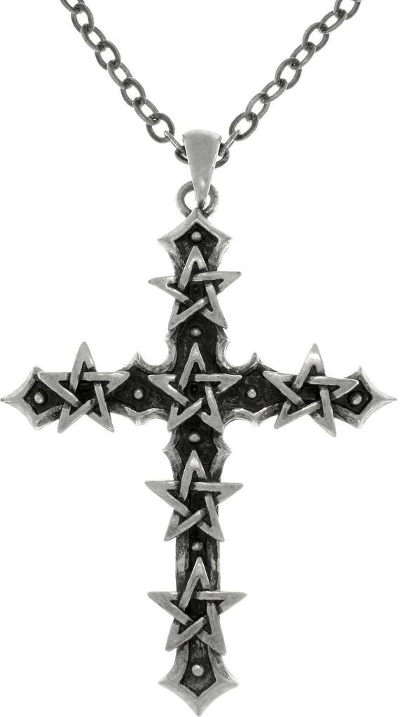 Jewelry Trends Pewter Star Studded Cross Pendant on Link Chain Necklace