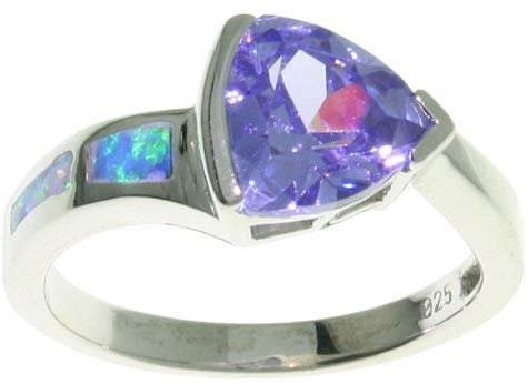 Opal Ring - Sterling Silver Created Blue Opal and Purple CZ Ring 5, 6, 7, 8, 9, 10