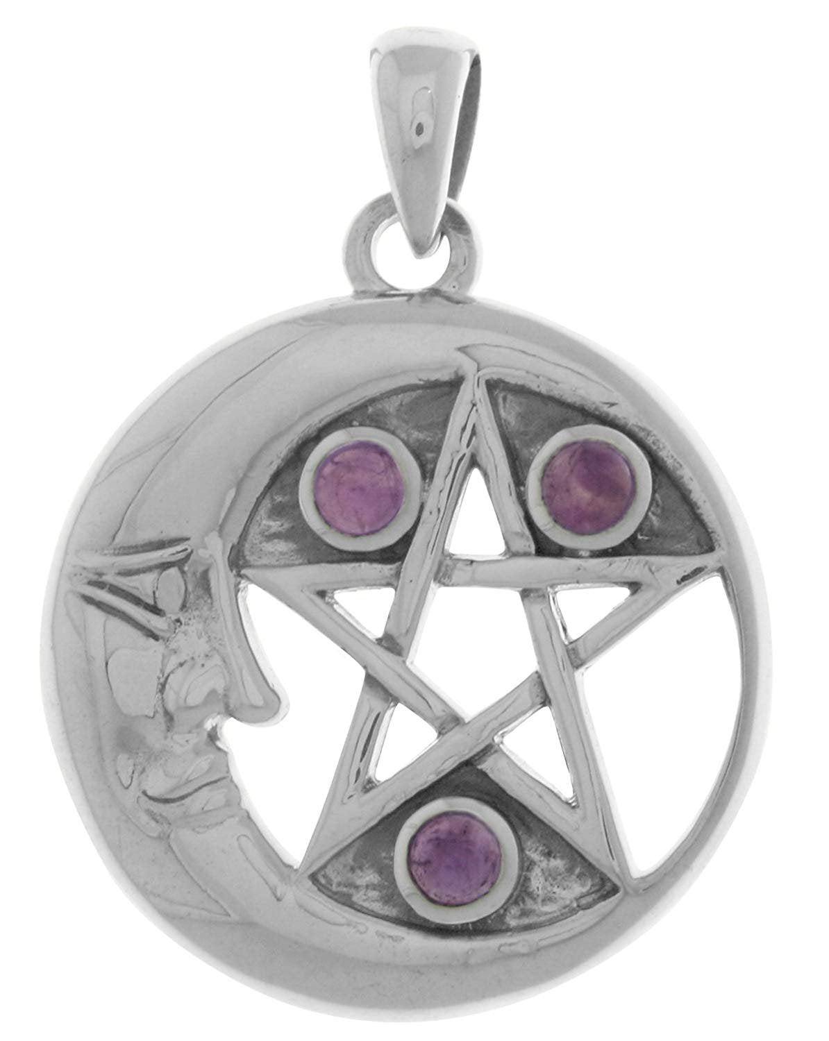 Jewelry Trends Sterling Silver Crescent Moon and Star Pentacle Pendant with Amethyst