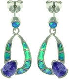 Opal Earrings - Sterling Silver Created Blue Opal with Amethyst Purple CZ Teardrop Dangle Earrings