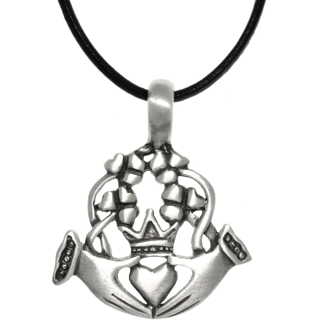 Jewelry Trends Pewter Claddagh Heart and Crown Celtic Pendant on Black Leather Necklace