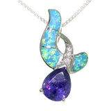 Opal Necklace - Created Blue Opal Cross Over Pendant with Amethyst Purple CZ on Box Chain Necklace