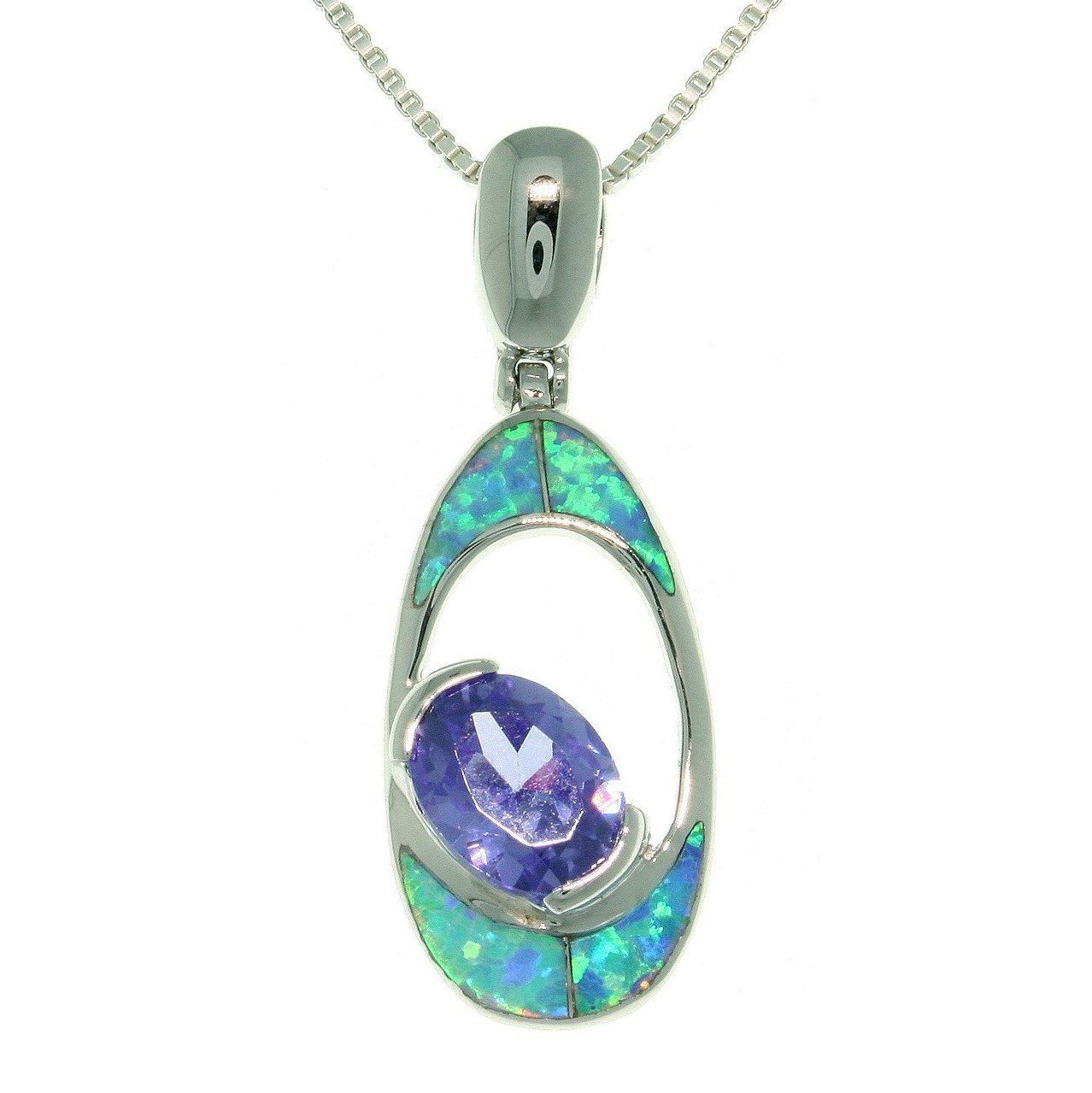 Opal Necklace - Sterling Silver Created Blue Opal and Amethyst Purple CZ Oval Pendant with 18 Inch Box Chain Necklace