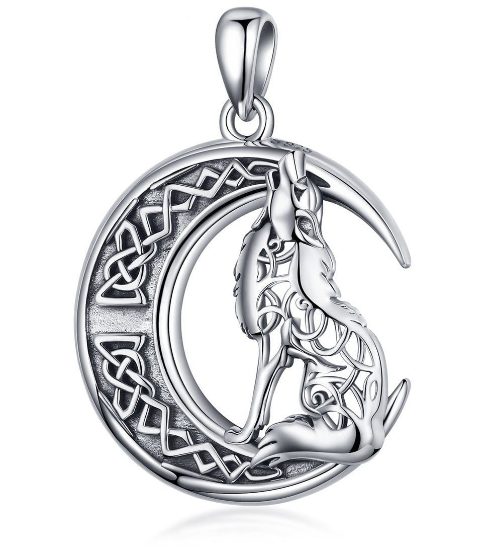 Jewelry Trends Celtic Moon Howling Wolf Crescent Knot Sterling Silver Pendant Necklace 18"