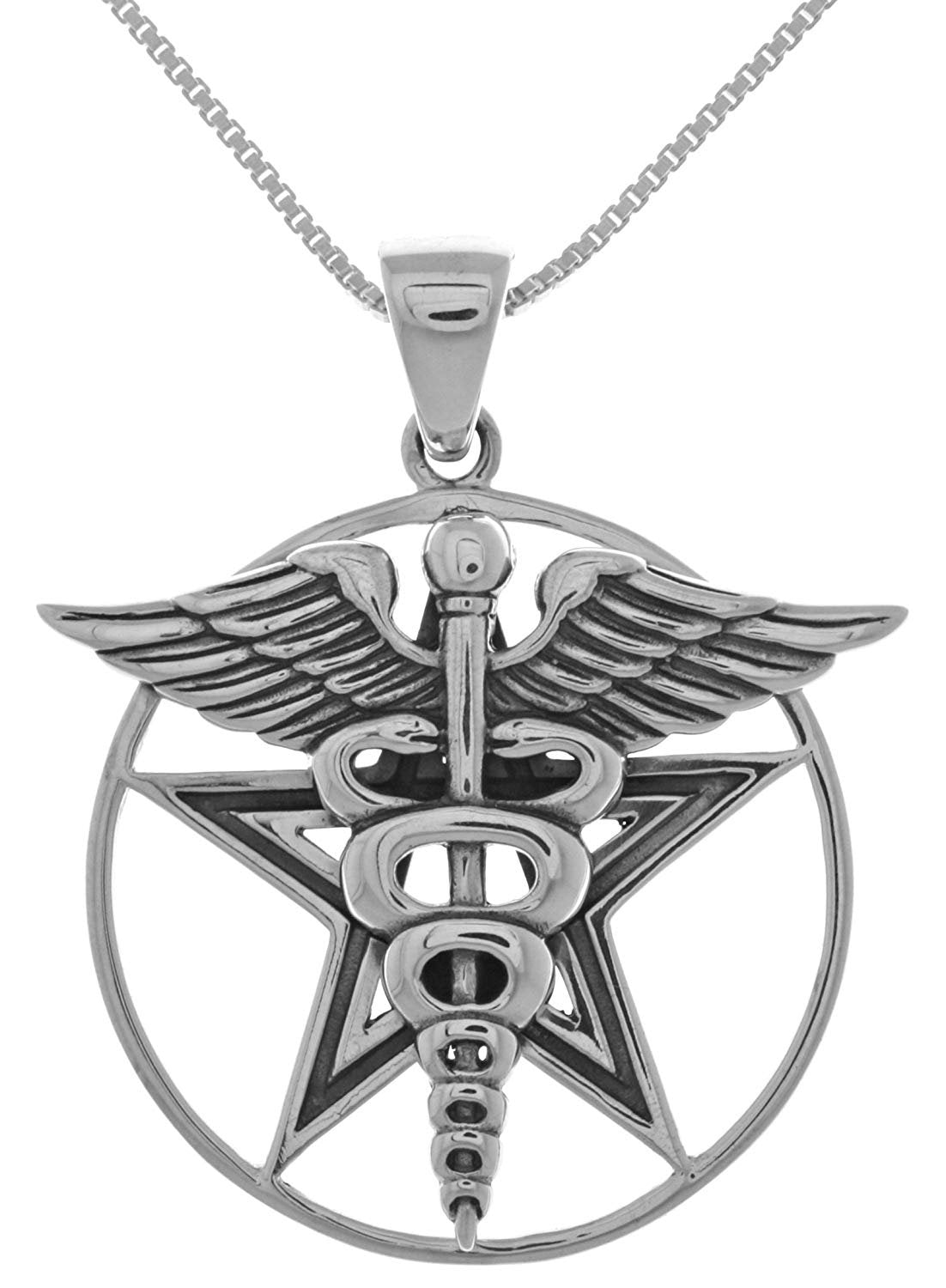 Jewelry Trends Caduceus Star Pentagram Pentacle Sterling Silver Pendant Necklace 18"