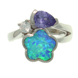 Opal Ring - Sterling Silver Created Blue Opal and Purple and Clear Cubic Zirconia Flower Embrace Ring 5, 6, 7, 8, 9, 10