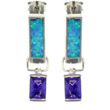 Opal Earrings - Sterling Silver Created Blue Opal Dangle Earrings with Amethyst Purple CZ Stones