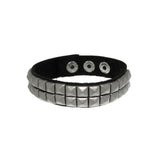 Jewelry Trends Black Leather Steel Two Row Pyramid Stud Bracelet with Adjustable Snaps
