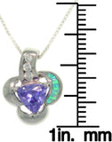 Opal Necklace - Sterling Silver Created Blue Opal with Clear and Amethyst Purple CZ Flower Heart Pendant on 18" Box Chain Necklace