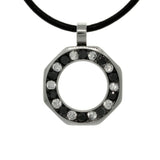 Crystal Ring Necklace - Stainless Steel Circle Pendant with Black and Clear Rhinestone Crystals on Black Leather Cord Necklace