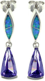 Opal Earrings - Sterling Silver Created Blue Opal Modern Dangle Earrings with Amethyst Purple CZ Stones