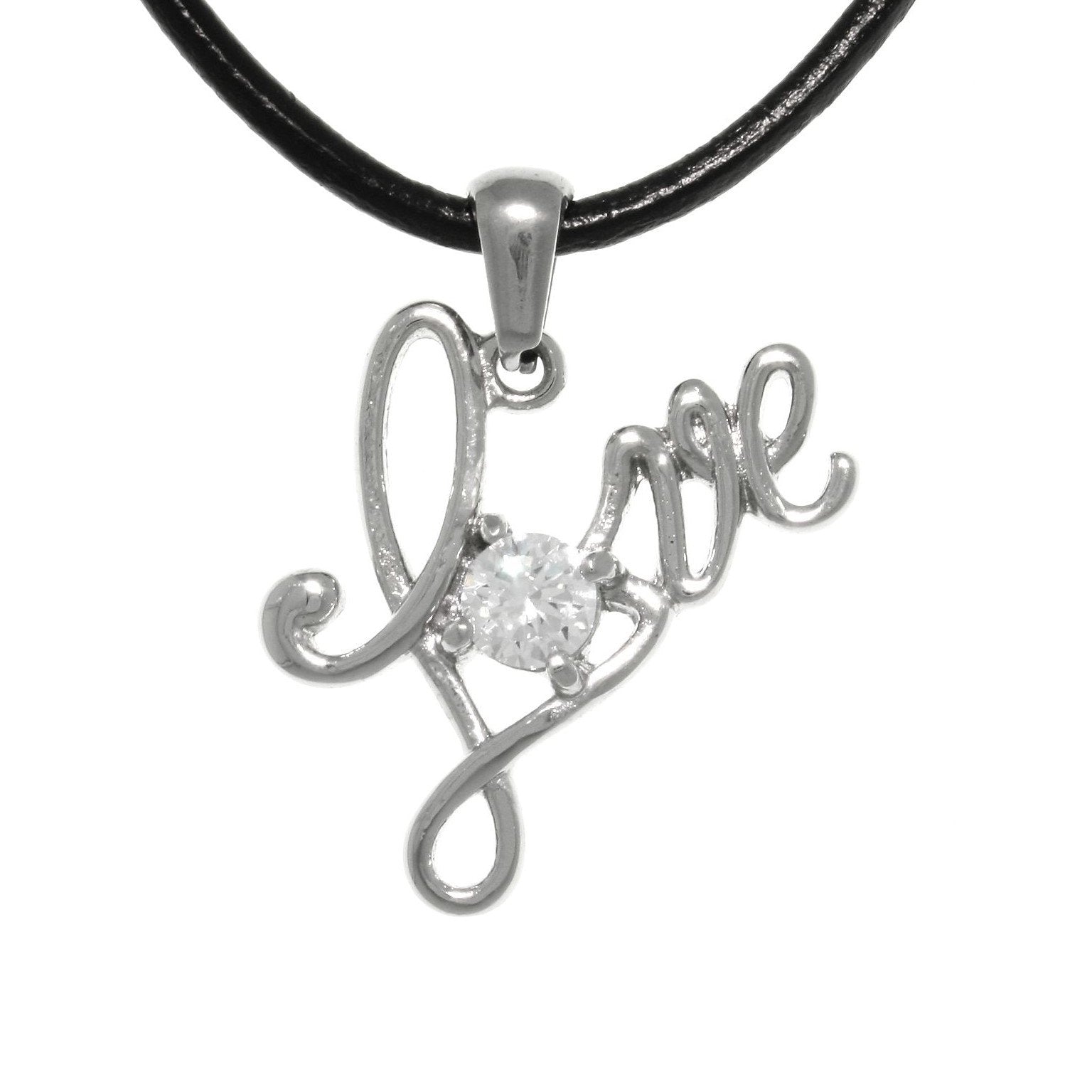 LOVE Necklace - Stainless Steel CZ Crystal Love Word Sentiment Pendant on Black Leather Necklace