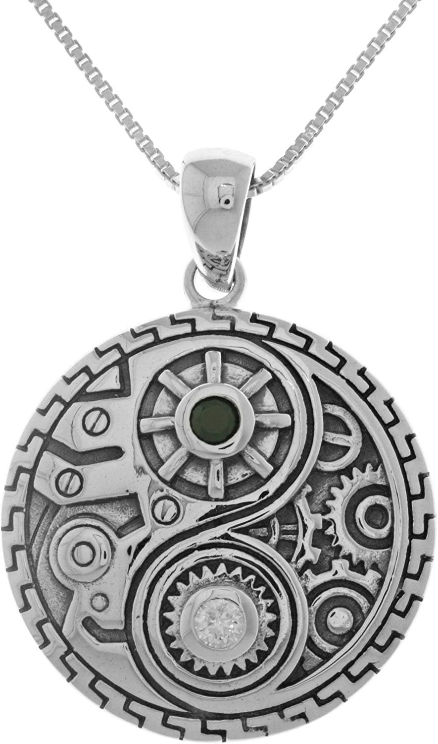 Jewelry Trends Sterling Silver and CZ Steampunk Yin Yang Pendant on 18 Inch Box Chain Necklace