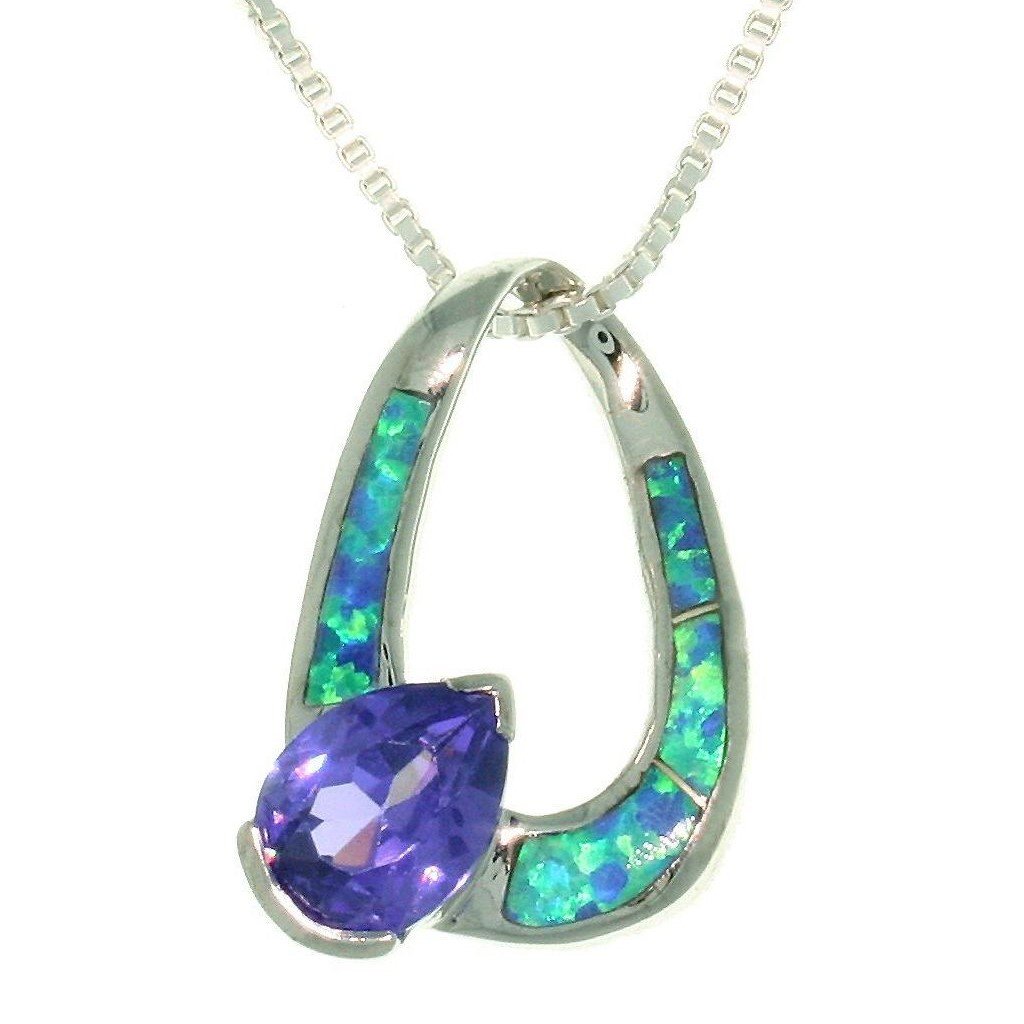 Opal Necklace - Sterling Silver Created Blue Opal Oval Teardrop Pendant with Amethyst Purple CZ on Chain Necklace
