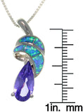 Opal Necklace - Sterling Silver Created Blue Opal Swirl Pendant with Amethyst Purple CZ on 18 Inch Box Chain Necklace