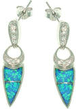 Opal Earrings - Sterling Silver Created Blue Opal with Pave Clear Cubic Zirconia CZ Pendulum Dangle Earrings