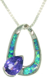 Opal Necklace - Sterling Silver Created Blue Opal Oval Teardrop Pendant with Amethyst Purple CZ on Chain Necklace