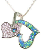 Opal Necklace - Sterling Silver Created Blue Opal and Clear Cubic Zirconia Double Heart Tag Pendant with Box Chain Necklace