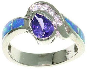Opal Ring - Sterling Silver Created Blue Opal Purple CZ Elegant Sterling Silver Ring 5, 6, 8, 9, 10