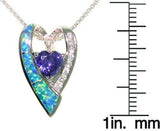 Opal Heart Necklace - Sterling Silver Created Blue Opal Double Heart Pendant with Clear and Amethyst Purple CZ Cubic Zirconia on 18" Chain Necklace