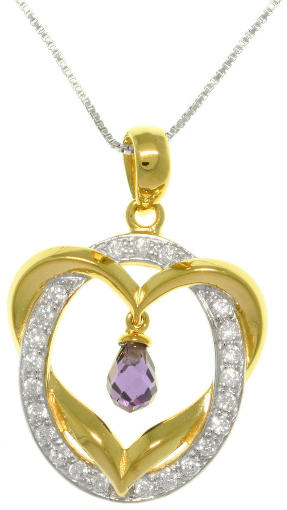 Sterling Silver Heart Pendant with Gold Plating and Round Ring Of CZ Crystals on Box Chain Necklace