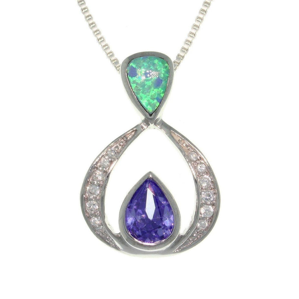 Opal Necklace - Sterling Silver Created Blue Opal Teardrop Pendant with Clear and Amethyst Purple CZ on Chain Necklace