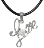 LOVE Necklace - Stainless Steel CZ Crystal Love Word Sentiment Pendant on Black Leather Necklace
