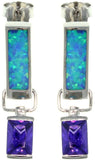 Opal Earrings - Sterling Silver Created Blue Opal Dangle Earrings with Amethyst Purple CZ Stones