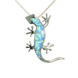 Opal Necklace - Sterling Silver Created Blue Opal Gecko Pendant with 18 Inch Box Chain Necklace