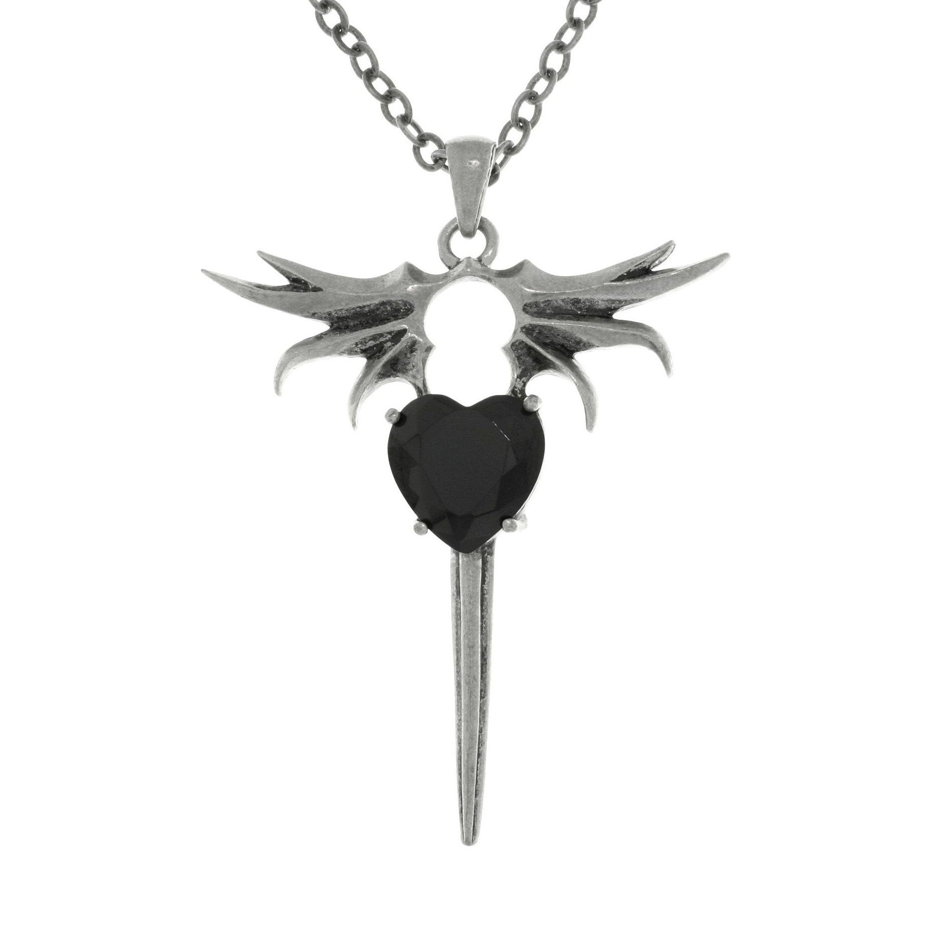 Dragon Wing Necklace - Pewter Black Crystal Heart with Wings Pendant on Chain Link Necklace