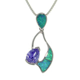 Opal Necklace - Sterling Silver Created Blue Opal and Amethyst Purple CZ Pendant with 18 Inch Box Chain Necklace