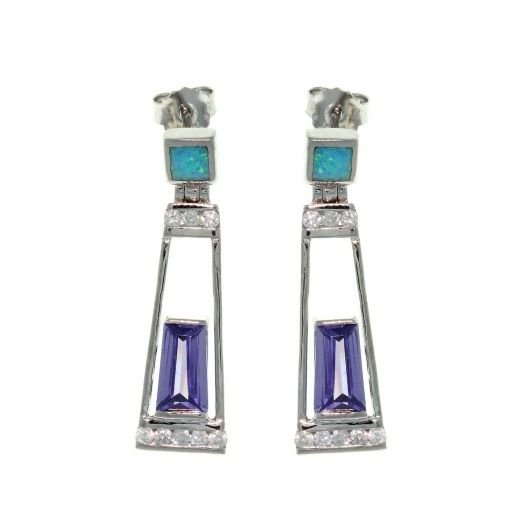 Opal Earrings - Sterling Silver Created Blue Opal with Clear and Amethyst Purple CZ Dangle Earrings