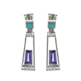 Opal Earrings - Sterling Silver Created Blue Opal with Clear and Amethyst Purple CZ Dangle Earrings