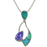 Opal Necklace - Sterling Silver Created Blue Opal and Amethyst Purple CZ Pendant with 18 Inch Box Chain Necklace