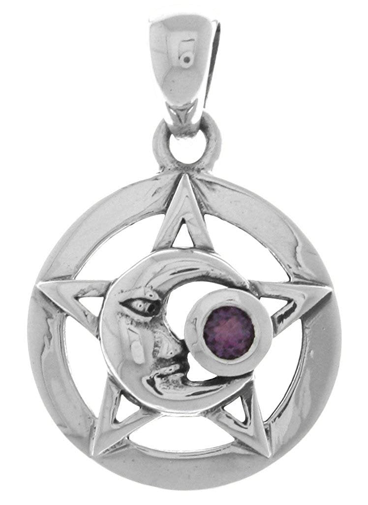 Jewelry Trends Sterling Silver Moon Star Pentacle Pendant with Amethyst