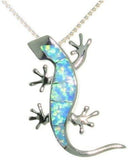 Opal Necklace - Sterling Silver Created Blue Opal Gecko Pendant with 18 Inch Box Chain Necklace