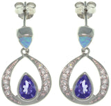 Opal Earrings - Sterling Silver Created Blue Opal with Clear and Amethyst Purple CZ Teardrop Dangle Earrings
