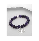 Amethyst Bracelet - Sterling Silver Tree Of Life Charm and Amethyst Semi Gemstone Beads Slip On Bracelet