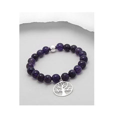 Amethyst Bracelet - Sterling Silver Tree Of Life Charm and Amethyst Semi Gemstone Beads Slip On Bracelet