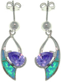 Opal Earrings - Sterling Silver Created Blue Opal and Purple Cubic Zirconia Dangle Earrings