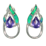Opal Earrings - Sterling Silver Created Opal and Amethyst Purple CZ Double Teardrop Post Earrings
