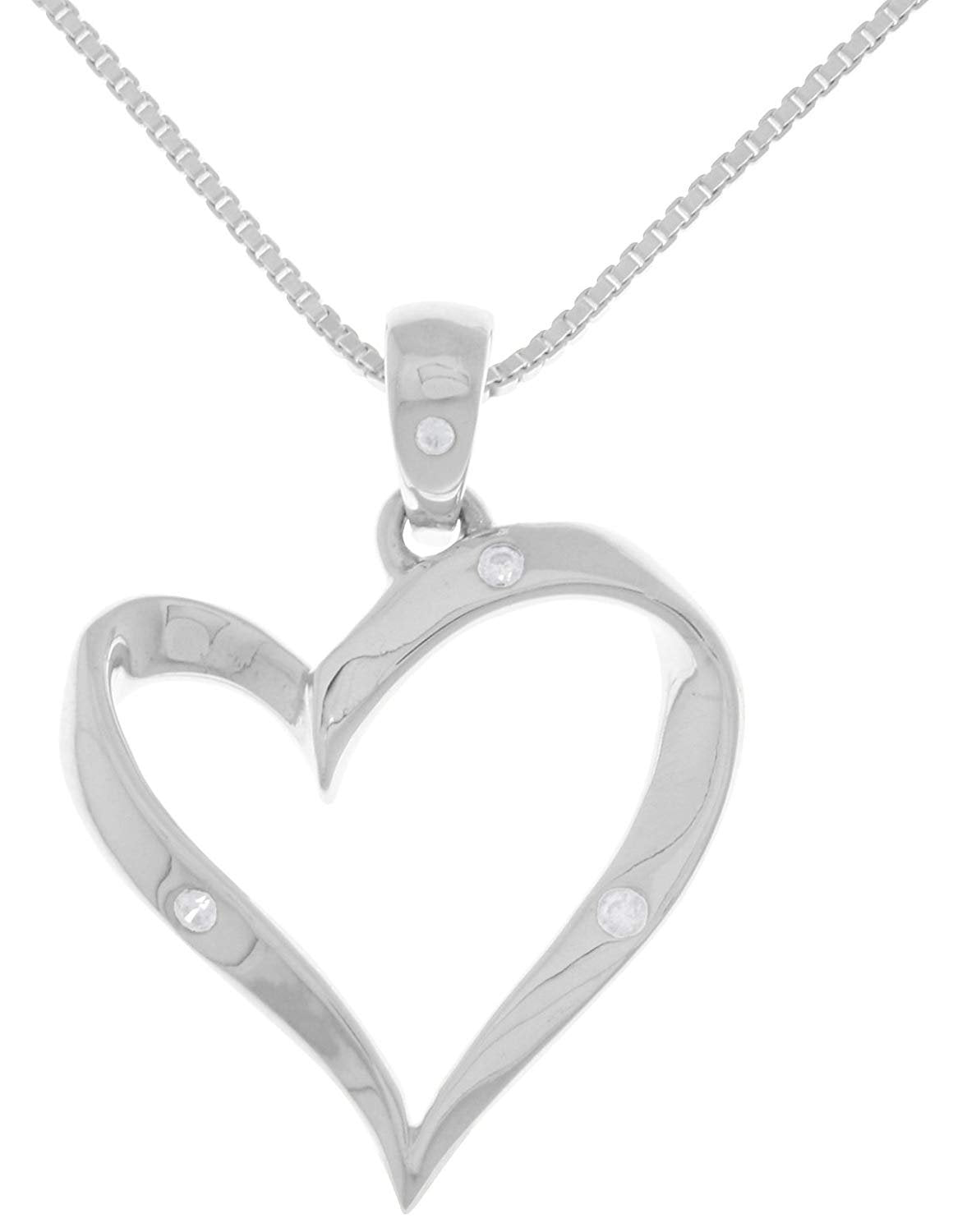 Jewelry Trends Sterling Silver Ribbon Heart Pendant with CZ on 18 Inch Box Chain Necklace