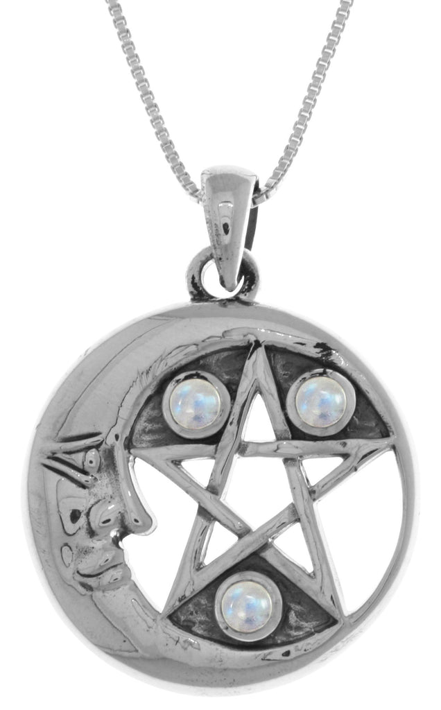 Jewelry Trends Sterling Silver Moon and Star Pentacle Pendant with Moonstone on 18 Inch Box Chain Necklace