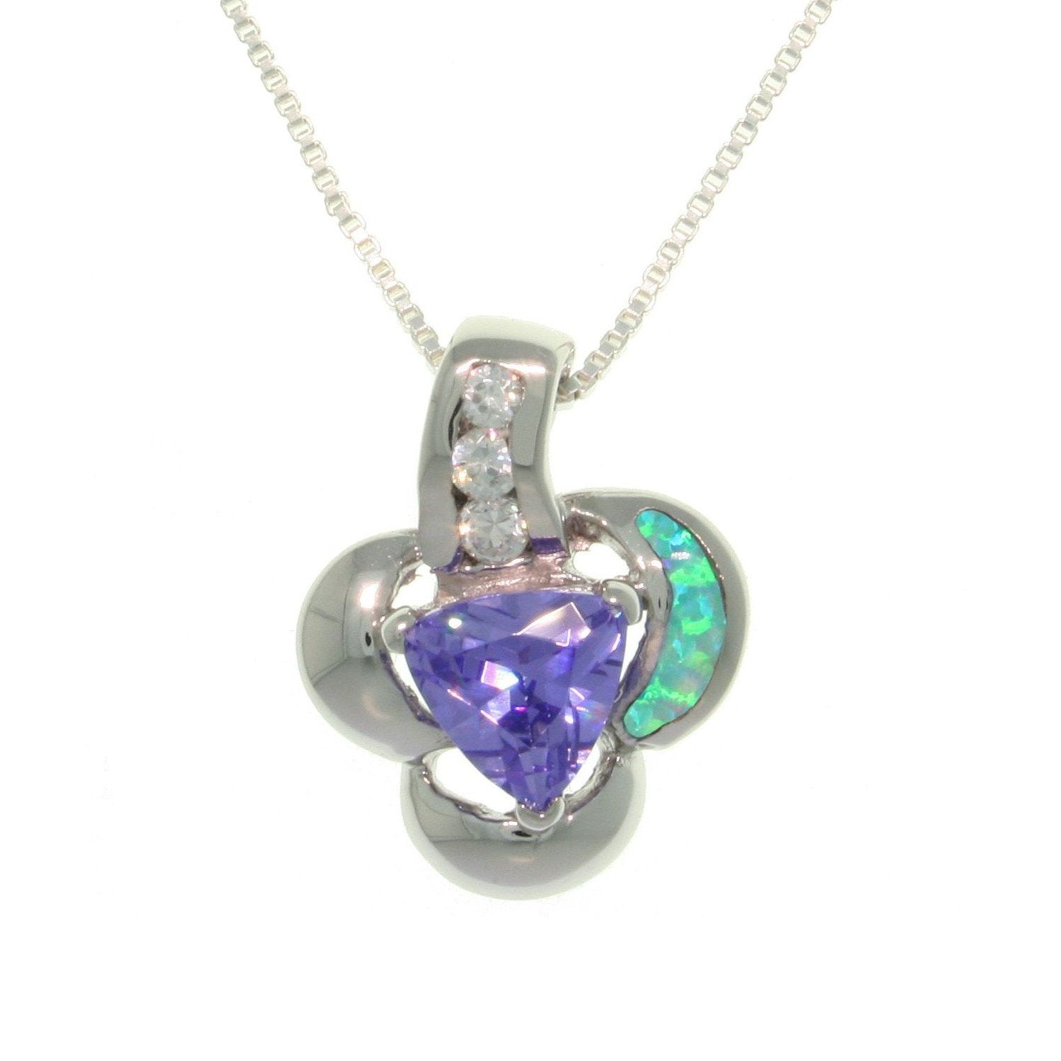 Opal Necklace - Sterling Silver Created Blue Opal with Clear and Amethyst Purple CZ Flower Heart Pendant on 18" Box Chain Necklace